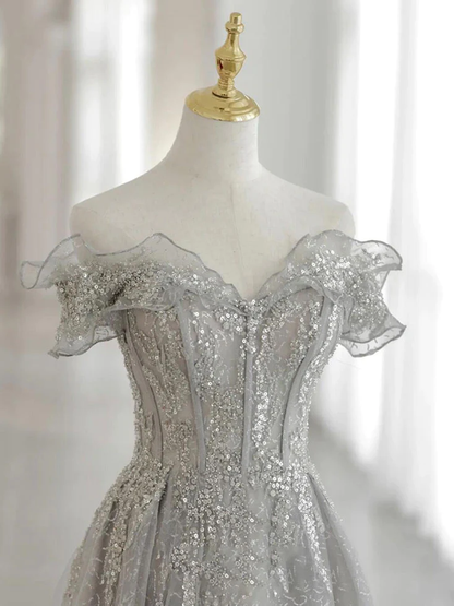 Gray Tulle Sequin Lace Off Shoulder Long Prom Dress, Gray Evening Dress gh2576