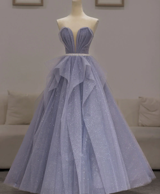 Purple Sweetheart Neck Tulle Sequin Long Prom Dress, Purple Ball Gown Graduation Dress gh2571