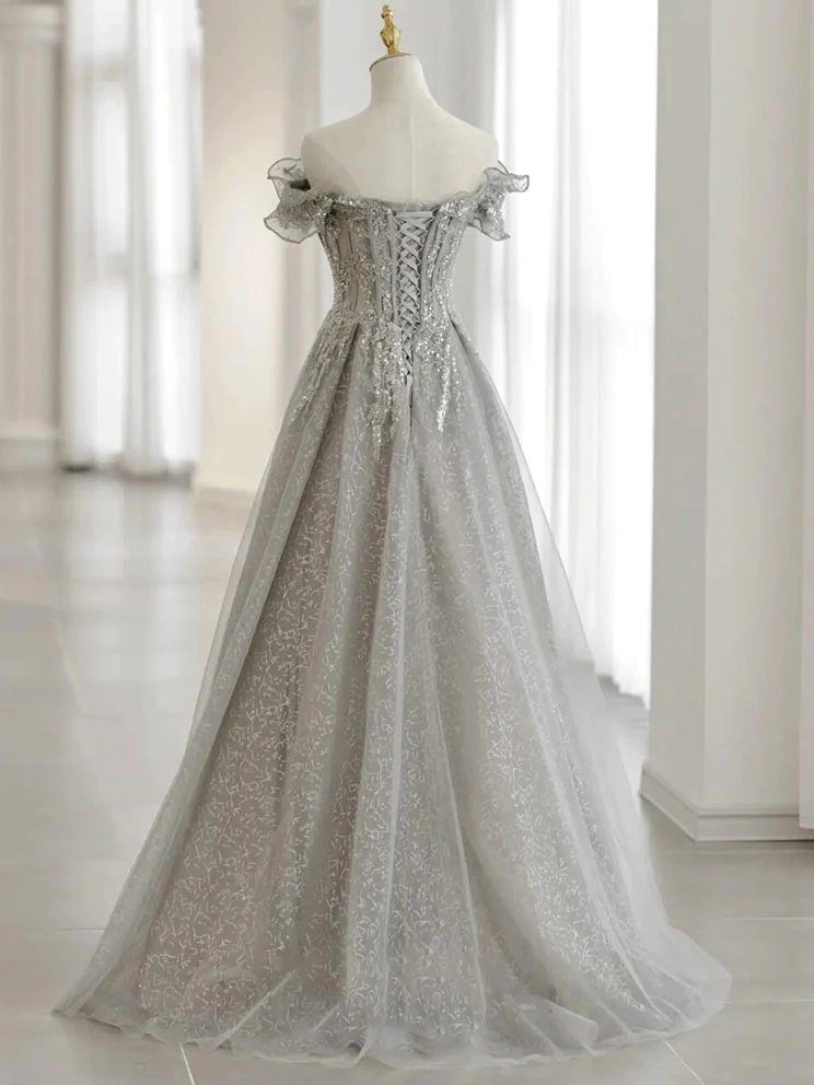 Gray Tulle Sequin Lace Off Shoulder Long Prom Dress, Gray Evening Dress gh2576