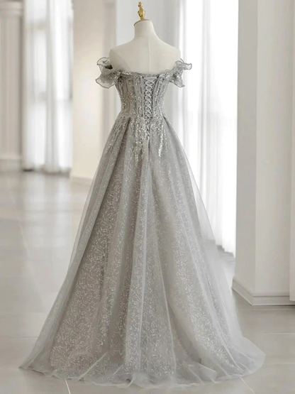 Gray Tulle Sequin Lace Off Shoulder Long Prom Dress, Gray Evening Dress gh2576