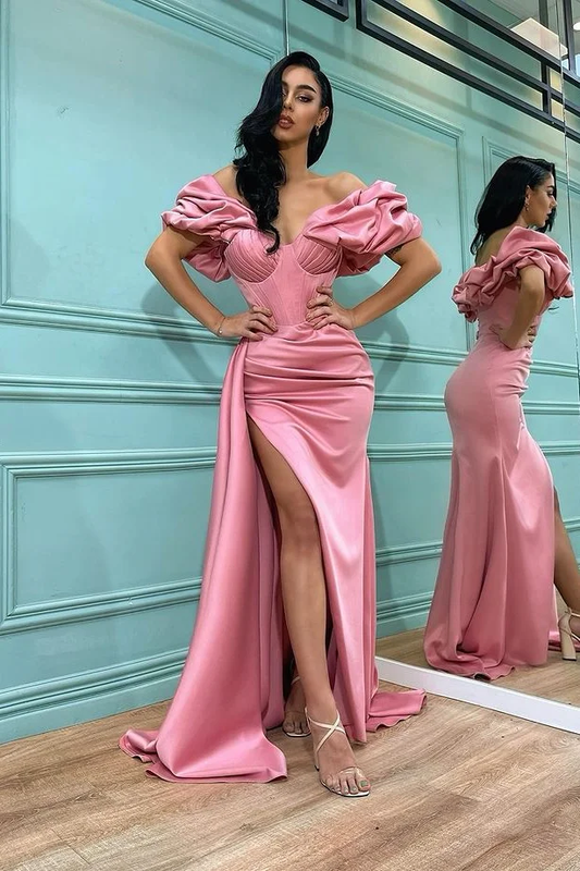 Pink Split Prom Dress Long Mermaid Off-the-Shoulder gh2536