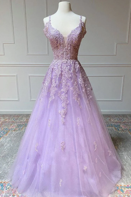 V Neck Off Shoulder Long Lilac Lace Prom Dress, Off Shoulder Purple Lace Formal Graduation Evening Dress gh2123