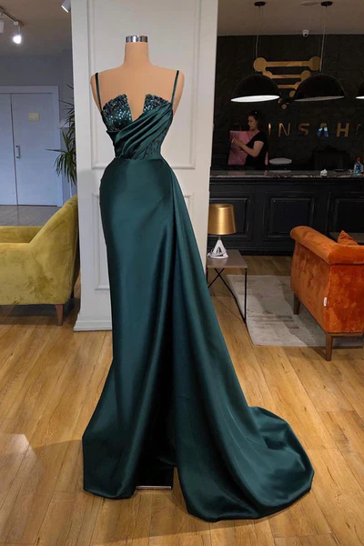GORGEOUS SPAGHETTI-STRAPS CRYSTAL MERMAID EVENING DRESS WITH DETACHABLE TRAIN gh1987