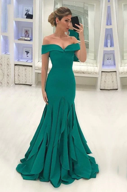 Green Off Shoulder Sleeveless Satin Prom Dresses Mermaid Evening Dresses  gh2368