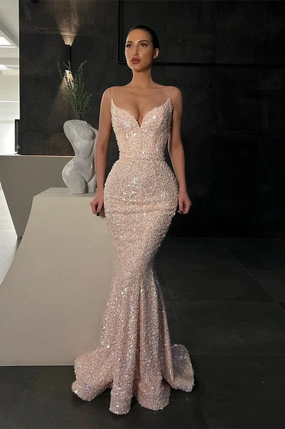 Gorgeous Spaghetti-straps Sequins Prom Dress Mermaid Sleeveless gh2395