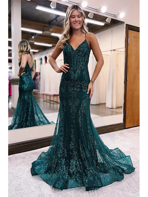 Green Tulle Mermaid Spaghetti Straps V-Neck Prom Dress Evening Dress gh2612