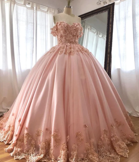 Pink Embroidered Lace Quinceanera Dresses Ball Gowns  gh2130