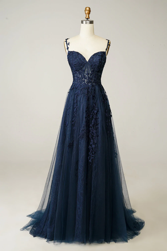 A Line Spaghetti Straps Navy Prom Dress with Appliques gh2104