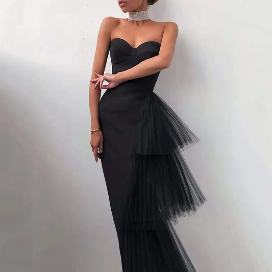 Sexy Satin Black/White Evening Dress Mermaid Strapless Tiered Off Shoulder Sleeveless Girl Formal Prom Dress gh2122