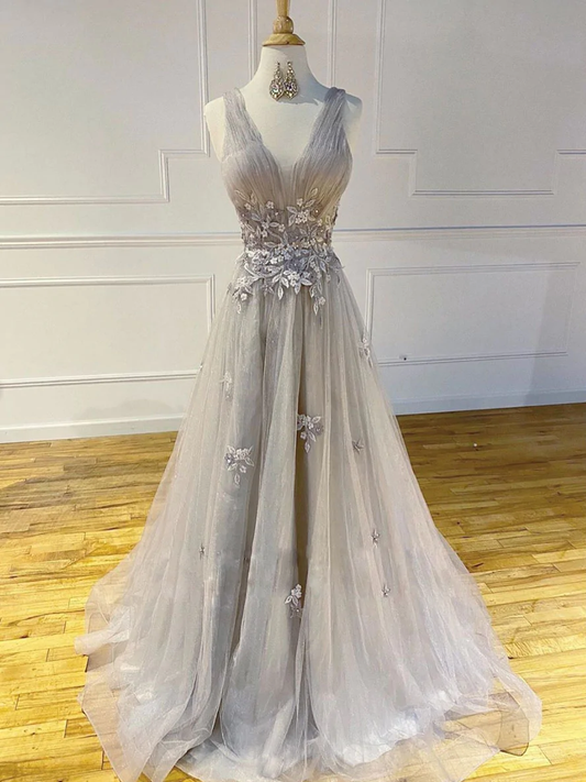 Gray v neck tulle lace long prom dress gray tulle formal dress  gh2311