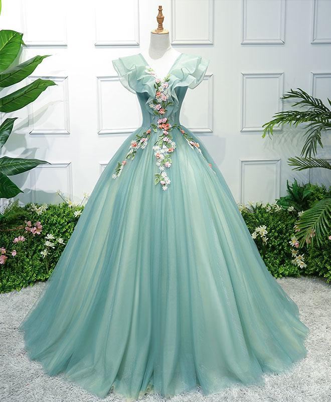 Green V Neck Tulle Long Prom Dress, Formal Dresses, Green Evening Dress  gh2194