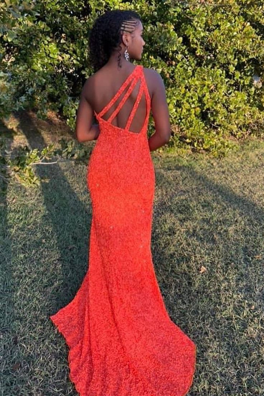 One Shoulder Open Back Mermaid Orange Sequins Long Prom Dress,Shiny Formal Dress,Sexy Night Dress gh2582