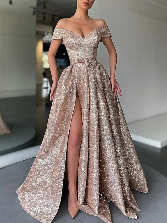 A-Line Evening Dresses Sparkle & Shine Dress Formal Evening Floor Length Short Sleeve V Neck Sequined with Bow gh2120