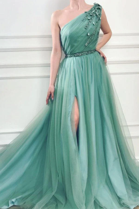 A-Line One Shoulder Jungle Tulle Split Prom/Formal Dresses With Beading gh2154