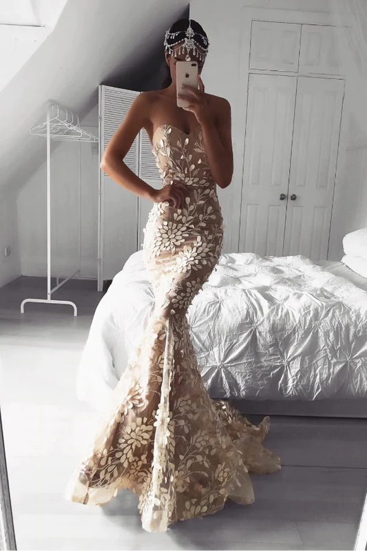 Glamorous Mermaid Sweetheart Sleeveless Tulle Long Prom Dresses With Appliques gh2490
