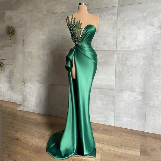 Green luxury gorgeous beaded gown long elegant satin sexy slit prom dress evening gown party dress gh1911