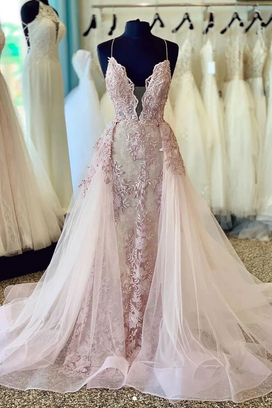 Spaghetti Straps Beads Appliques V Neck Pink Prom Dresses with Detachable Train  gh2085