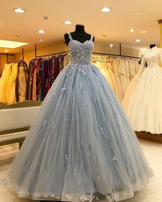 Gorgeous Beading Light Blue Ball Gown Prom Dress with Appliques  gh2199