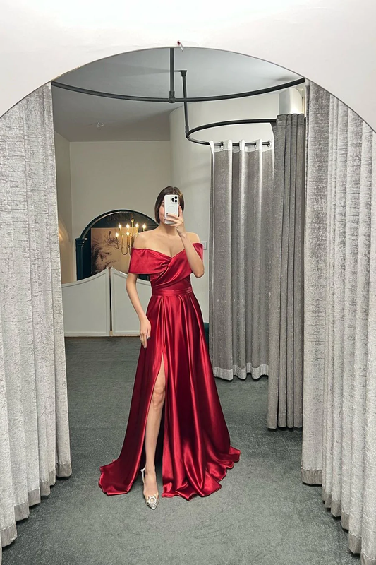 Off The Shoulder Ruby Split Ruffles A-Line Prom Dresses  gh2373