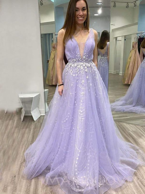 Lilac Tulle Deep V-neck Beaded Long Evening Prom Dresses, Cheap Custom Prom Dress gh2500