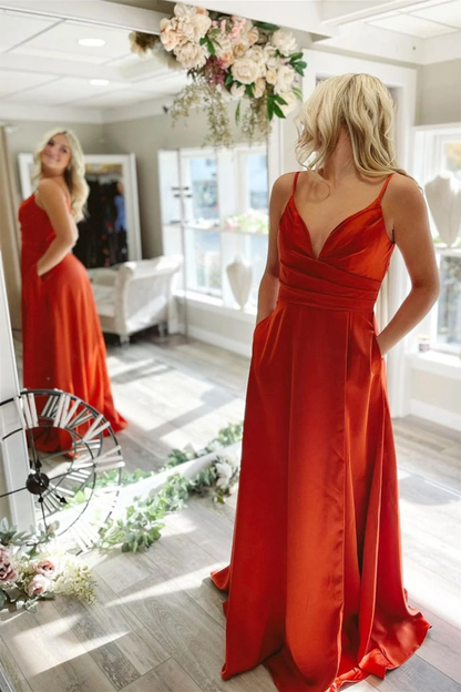 A Line V Neck Red/Pink/Blue Long Prom Dresses with Pocket, V Neck Red/Pink/Blue Formal Graduation Evening Dresses gh2399