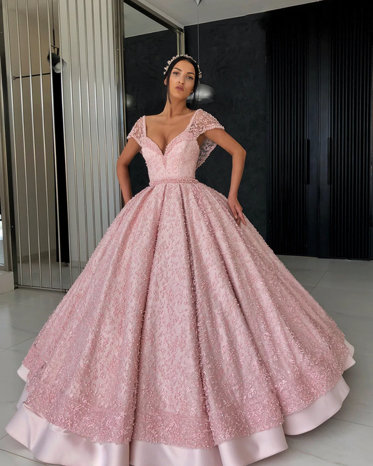 Gorgeous pink ball gown V neck floor length organza beaded crochet flowers evening dress gh2221
