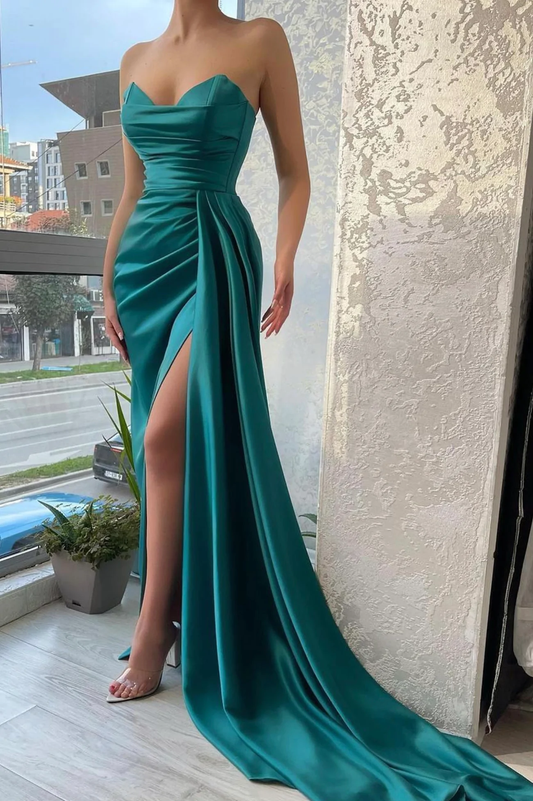 Green Strapless Satin Long Ball Gown Evening Dress  gh2370