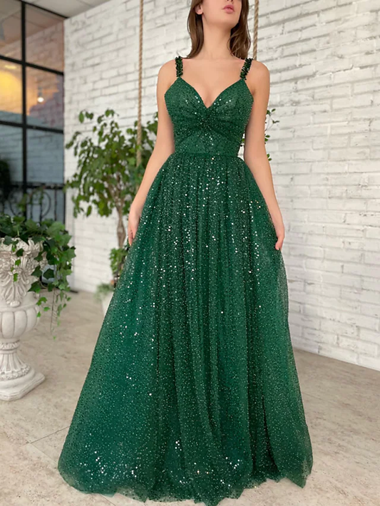 A-Line Prom Dresses Sparkle & Shine Dress Prom Floor Length Sleeveless V Neck Sequined with Sequin gh2207
