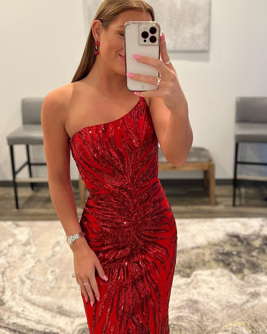 Red Sequin Mermaid One Shoulder Prom Dress gh2487