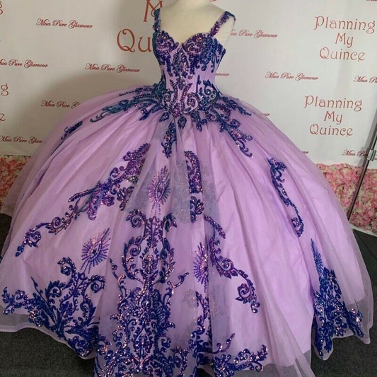 Lavender luxury sequin beaded long quinceanera dress prom dress evening gown sweetheart ruffles sweet 16 gh2021