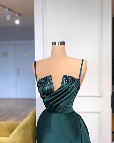 GORGEOUS SPAGHETTI-STRAPS CRYSTAL MERMAID EVENING DRESS WITH DETACHABLE TRAIN gh1987