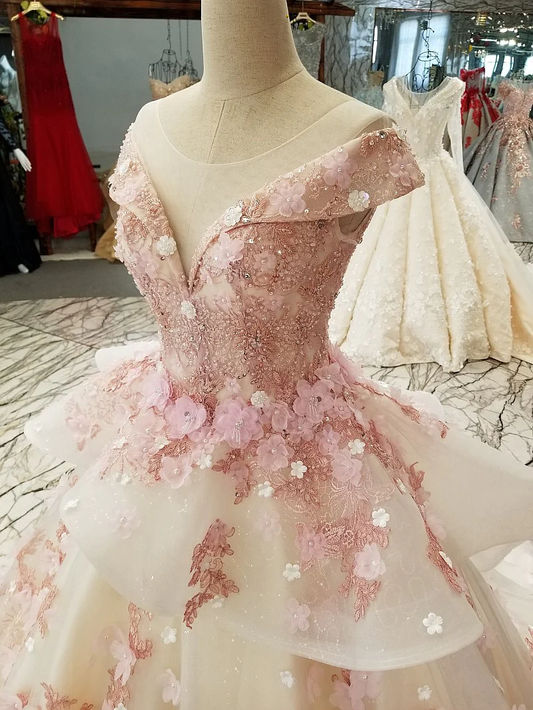 Ingvn Pink Princess Quinceanera Dress Appliques Beads 3D Flowers Prom Party Sweet 16 Ball Gown  gh2074