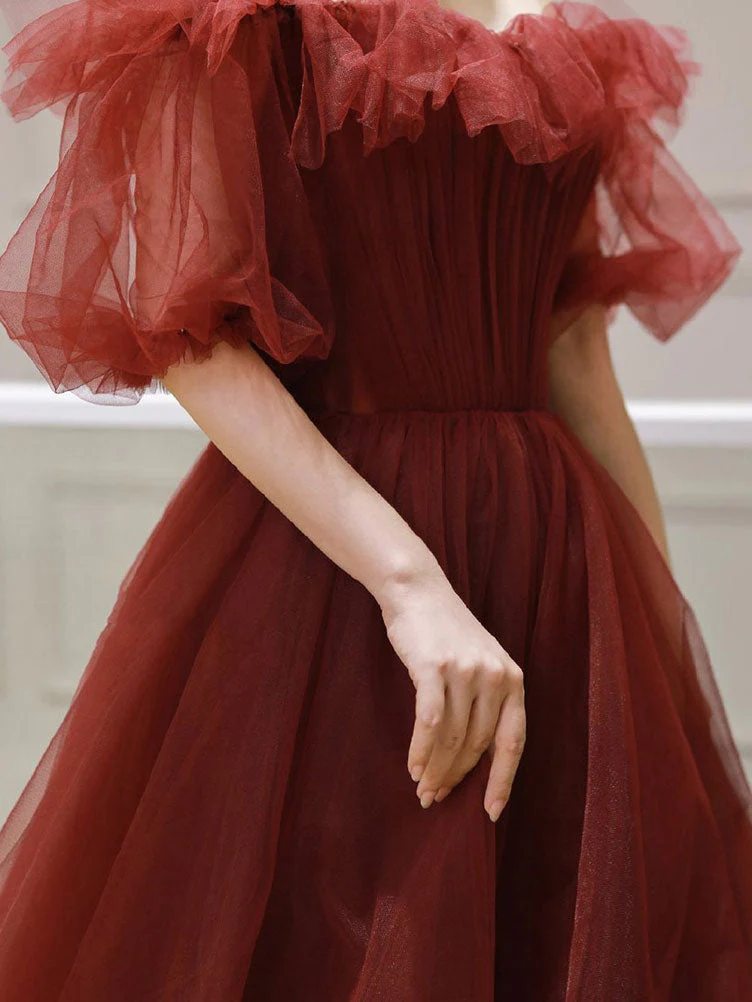 Burgundy Off Shoulder A Line Formal Evening Dress Tulle Long Prom Dress gh2516