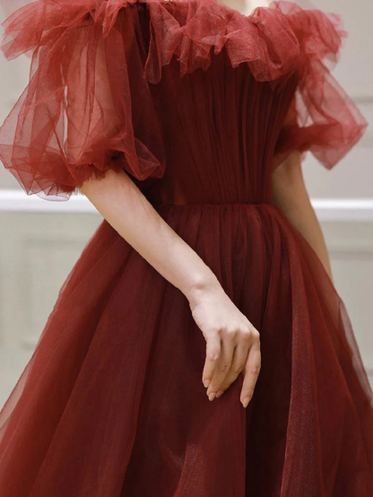 Burgundy Off Shoulder A Line Formal Evening Dress Tulle Long Prom Dress gh2516