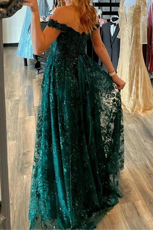 Off Shoulder Green Lace Sequins Long Prom Dress with High Slit, Off the Shoulder Green Formal Dress, Green Lace Evening Dress  gh2214