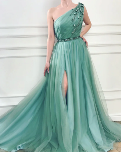 A-Line One Shoulder Jungle Tulle Split Prom/Formal Dresses With Beading gh2154