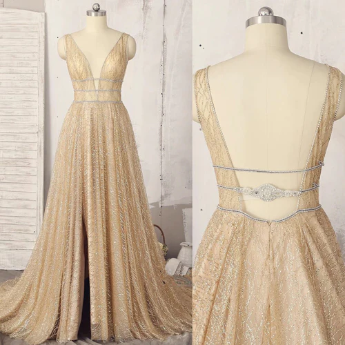 A-line Deep V-neck Sleeveless Sequins Floor-length Prom Dresses, Long Evening Dresses   gh2291