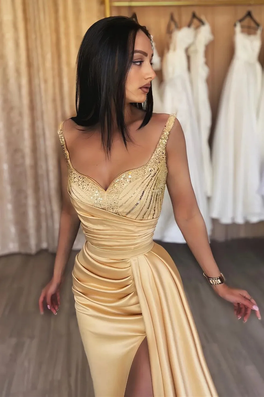 Champagne V-Neck Sleeveless Prom Dress Mermaid Sequins Slit gh2534