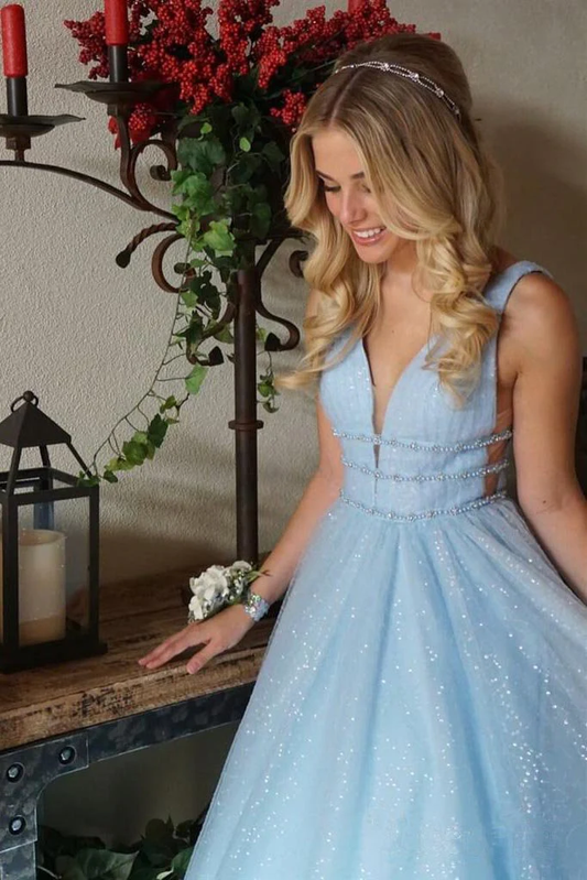 A Line Deep V Neck Ball Gown Prom Dresses Open Back White Evening Dresses gh2139
