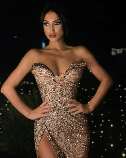 Sweetheart Long Fitted Sequin Prom Dresses, High Slit Prom Dresses gh2431
