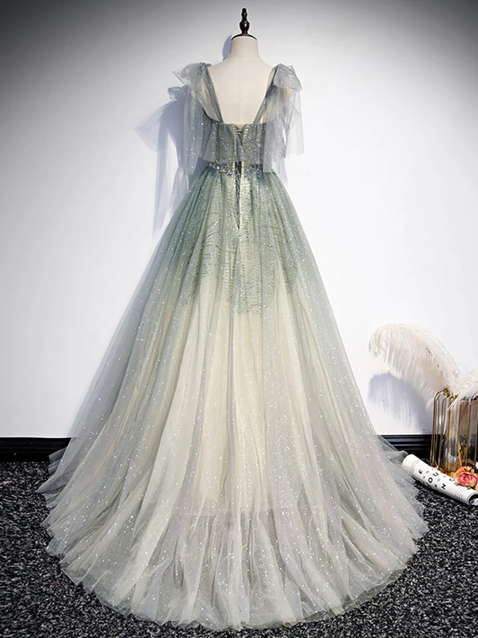 Gray Green Tulle Sequin Beads Long Prom Dress, Green Evening Dress  gh2132
