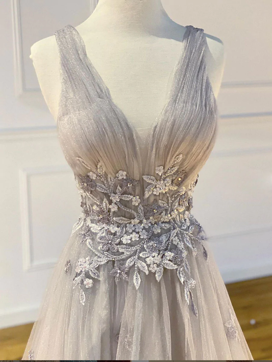 Gray v neck tulle lace long prom dress gray tulle formal dress  gh2311
