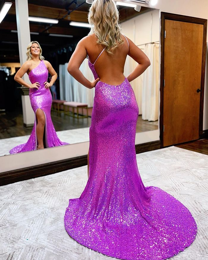 One Shoulder Lavender Sequin Mermaid Prom Dress with Side Slit gh2502