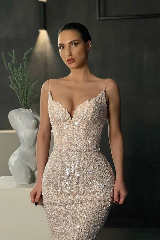 Gorgeous Spaghetti-straps Sequins Prom Dress Mermaid Sleeveless gh2395