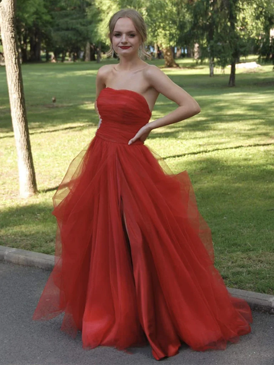 Strapless Red Tulle Long Prom Dresses, Red Tulle Long Formal Evening Dresses gh2548
