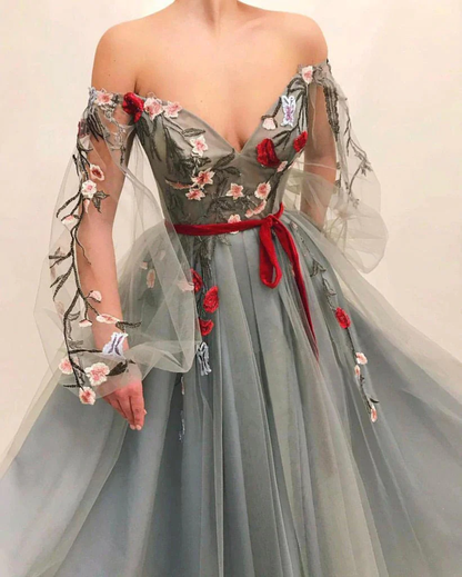 Chic Off The Shoulder Long Sleeves A Line Tulle Long Prom Dress With Flowers  gh2109