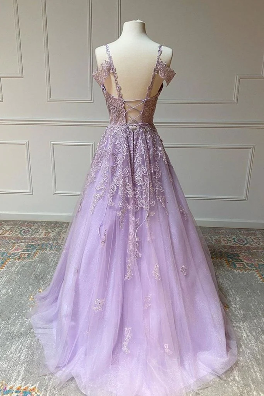 V Neck Off Shoulder Long Lilac Lace Prom Dress, Off Shoulder Purple Lace Formal Graduation Evening Dress gh2123