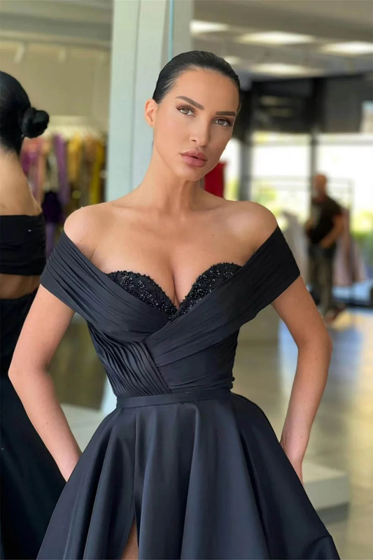 Black Off-the-Shoulder Prom Dress Split Long With Beads gh2538