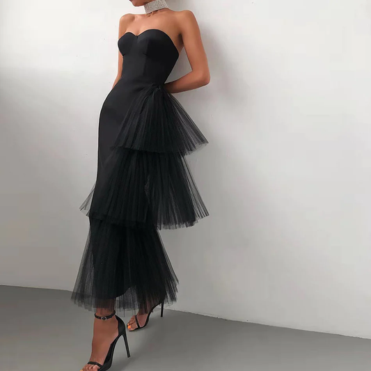 Sexy Satin Black/White Evening Dress Mermaid Strapless Tiered Off Shoulder Sleeveless Girl Formal Prom Dress gh2122