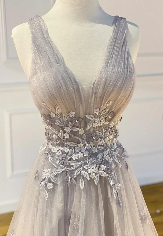 Gray tulle lace long prom dress evening dress  gh2287